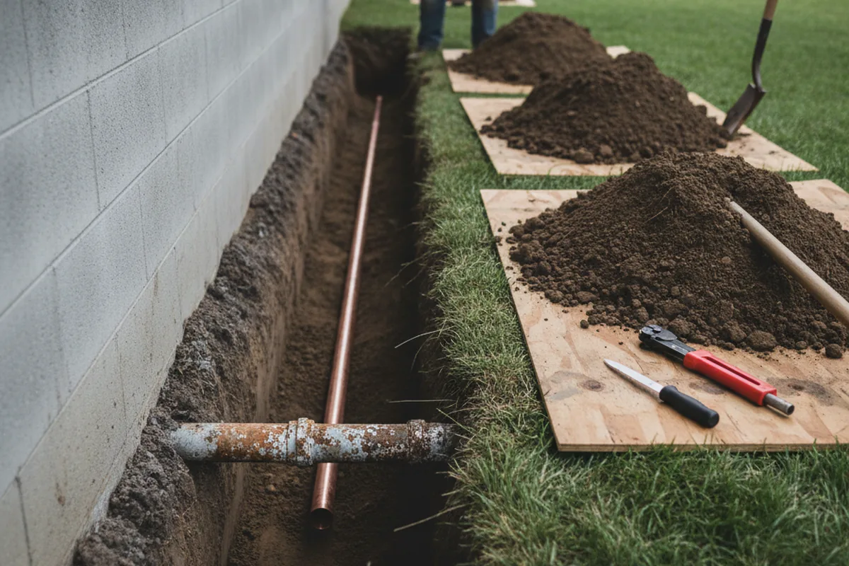 Excavated water line trench during Water Heater Repair in Parker City